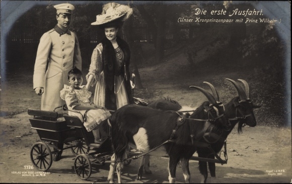 Postcard The first exit, crown prince couple with Prince Wilhelm, goat wagon, Gustav Liersch 1776