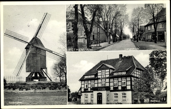 Postcard Rethem an der Aller, Bockmühle, Langestraße, town hall