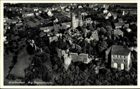 Postcard Greifenstein in the Lahn Dill district, aerial photograph, castle
