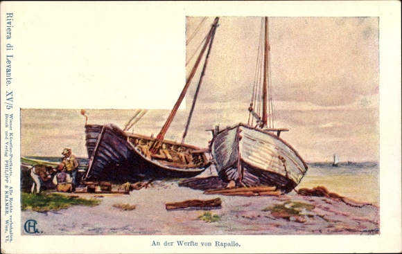 Artist PC Rapallo Liguria, boats on the shore, men, Riviera di Levante