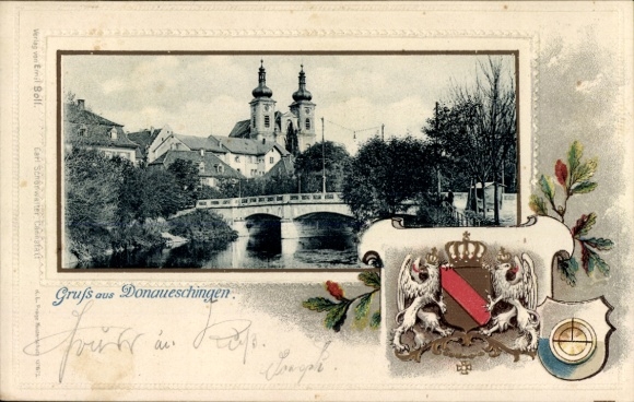 Präge Passepartout Wappen Ak Donaueschingen im Schwarzwald, Gesamtansicht, Brücke