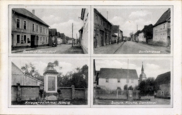 Ak Bernsdorf in der Oberlausitz, Gasthof  Dorfstraße, Kriegerdenkmal, Schule, Kirche, Denkmal