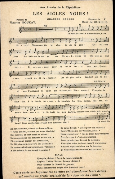 Song Postcard France, Aux Armées de la République, Les Aigles Noirs