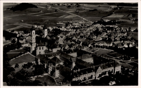Postcard Ottobeuren in Upper Swabia Allgäu, aerial view of monastery, residential buildings, fields