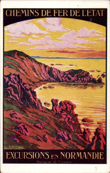 Ansichtkaart van de kunstenaar Chemins de fer de l'État, Excursions en Normandie, reclame