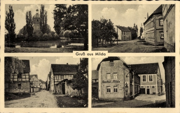 Ak Milda in Thüringen, kerk, straatdelen, Gasthof Milda