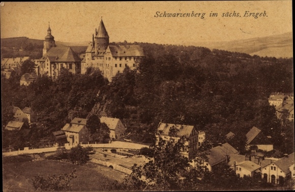 Postcard Schwarzenberg in the Erzgebirge of Saxony, castle, house views