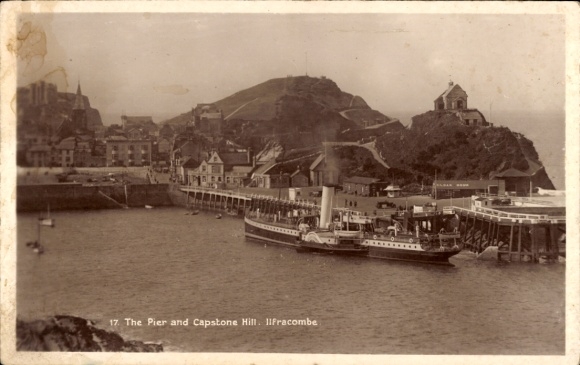 KP Ilfracombe Devon Anglia, molo, Capstone Hill, statek parowy, widok na wybrzeże