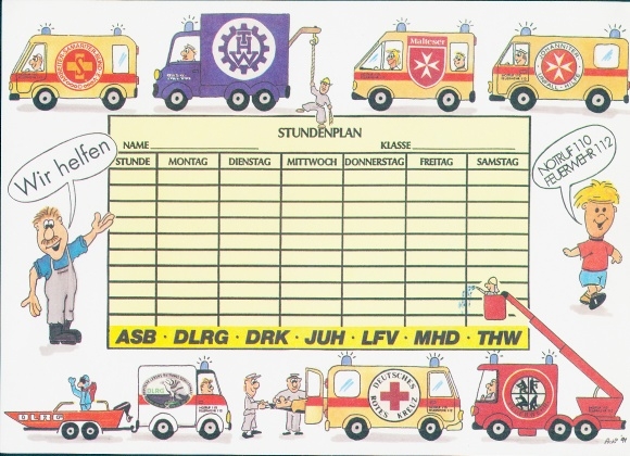 Timetable Advertising Fire Department, Emergency Call, We Help, ASB, DLRG, DRK, JUH, LFV, MHD, THW