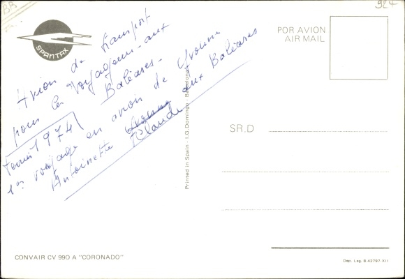 Postcard Spantax Spanish passenger aircraft, Convair CV 990 A Coronado