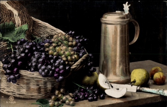 Postcard still life, grapes, beer mug, pear