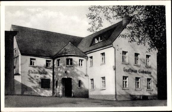 PC Hartmannsdorf near Dippoldiswalde, inn Liebscher, butcher shop, exterior view
