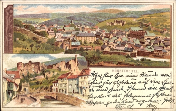 Chromo-Litho Bad Münstereifel in North Rhine Westphalia, general view, bridge, ruin