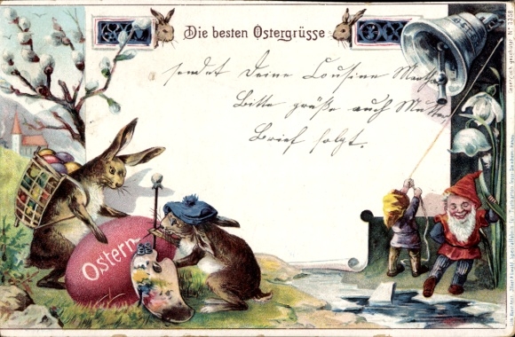 Litho Frohe Ostern, Osterhasen bemalen Osterei, Zwerge läuten Glocke, Weidenkätzchen