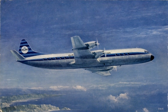 Postcard Dutch passenger aircraft, KLM, Lockheed Prop Jet Electra II