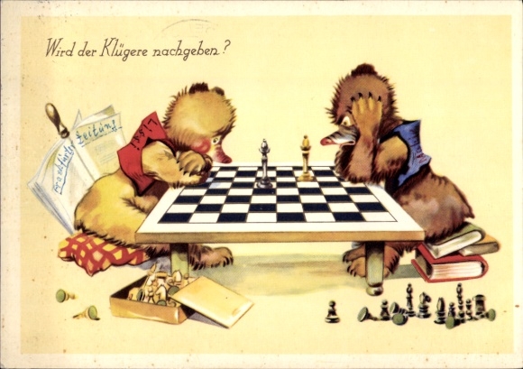 Postcard Will the wiser one give in, Two anthropomorphized bears play chess