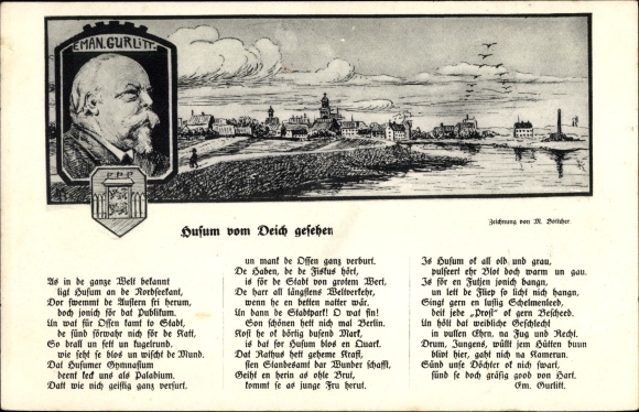 Künstler Lied Ak Böttcher, Husum in Nordfriesland, Ansicht vom Deich aus, Emanuel Gurlitt, Wappen