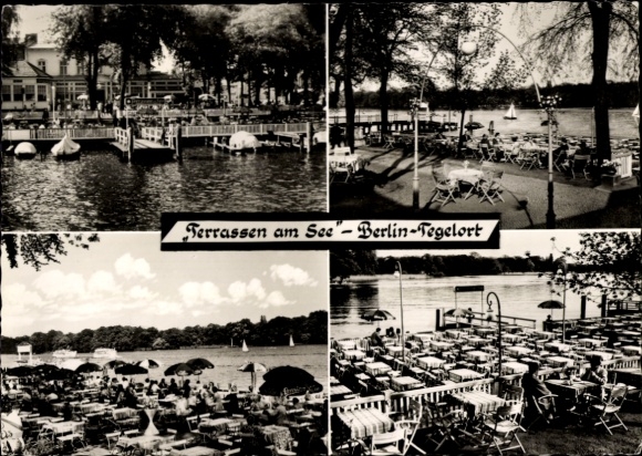 Postcard Berlin Reinickendorf Konradshöhe Tegelort, terraces by the lake