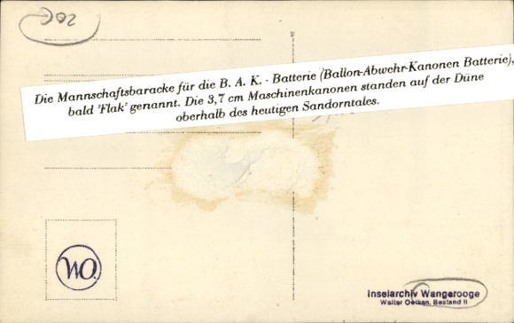 foto Ak Wangerooge, bemanningsbarakken van de ballonverdedigingskanonnenbatterij