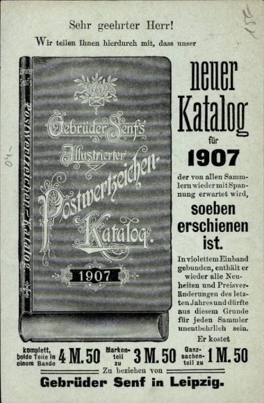 Postwaardestukken Ak Gebrüder Senf's geïllustreerde postzegelcatalogus 1907, reclame