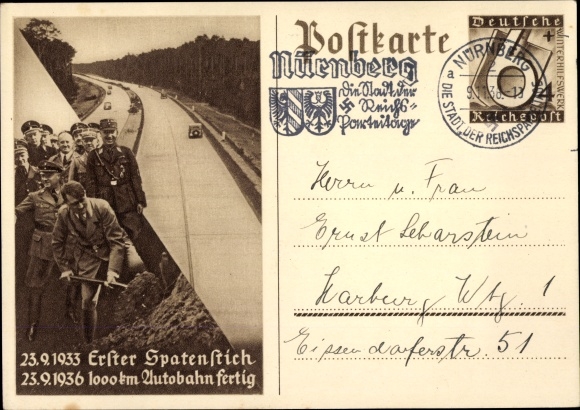 Ganzsachen Ak Hitler, Bau der Reichs-Autobahn, Erster Spatenstich 23.9.1933