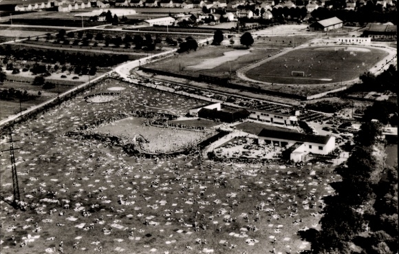 Postcard Hattersheim am Main, aerial photo, sports field