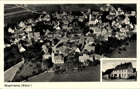 Ak Magolsheim Münsingen in Württemberg, Luftaufnahme eines Dorfes, viele Häuser, Gebäude, Landsch