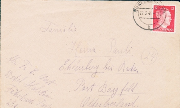 (24) Wedel (Holstein) /b/ 29.03.1945 auf Brief mit Briefmarke 12 Pfennig Hitler