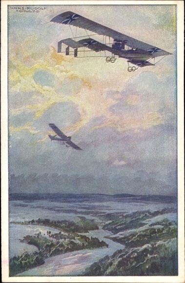 Artist PC Schulze, Hans Rudolf, military biplane on a reconnaissance trip over the Argonne Forest
