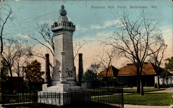 Ak Baltimore Maryland USA, Monument in Federal Hill Park, Bomen, Tuinhuis