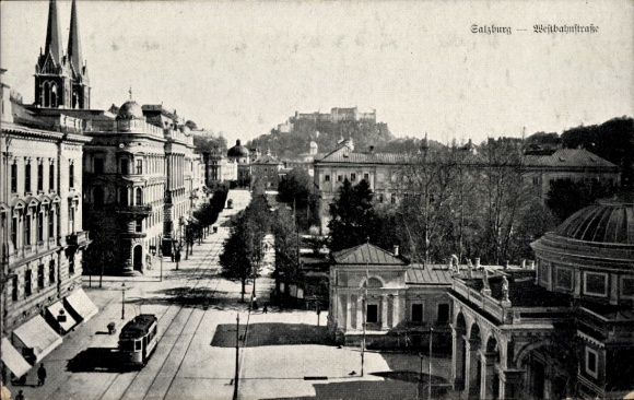 Tourist attraction Salzburg in Austria, Westbahnstraße, tram, Hohensalzburg Fortress