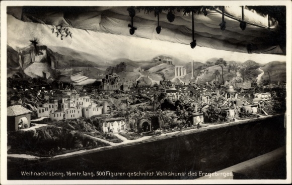 Postcard Schneeberg in the Erzgebirge, Christmas mountain, 500 carved figures, folk art