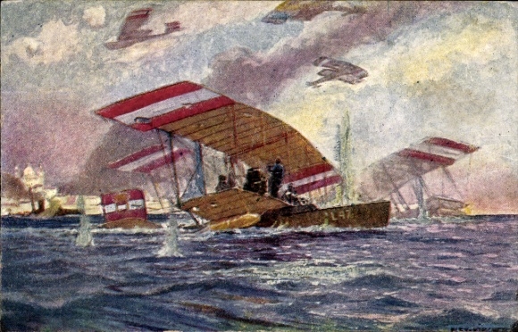 Artist Postcard Heroic Attack on Ancona, Kuk Kriegsmarine, Flying Boat Type Lohner, SMS L47, 1916