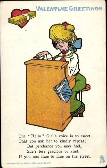 Postcard Valentine&#39;s Day, Telephone Operator, Hello Girl