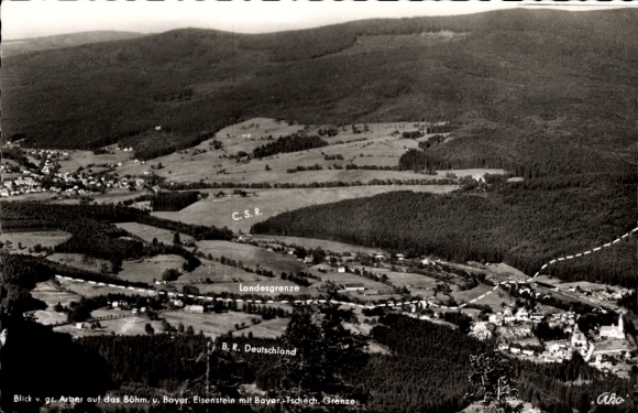 Postcard View from the Großer Arber to the Bohemian and Bavarian Eisenstein with the border