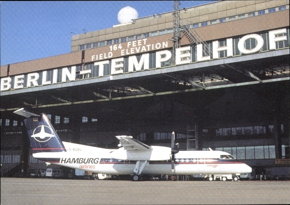 Postcard Berlin Tempelhof, Hamburg Airlines, German passenger aircraft, Boeing DHC 8 300, Airport