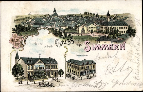 Chromo-Litho Simmern in the Hunsrück, inn, total view, Franciscan