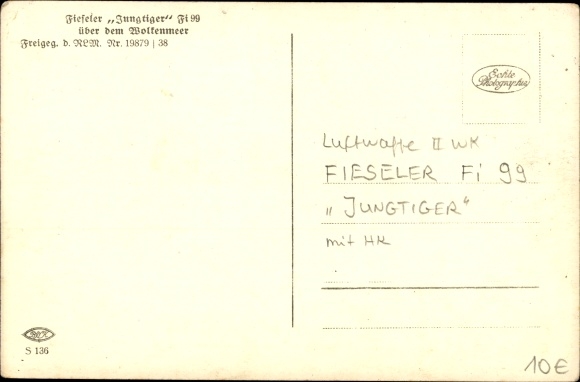 Postcard Fieseler Fi 99 young tiger, above the sea of clouds