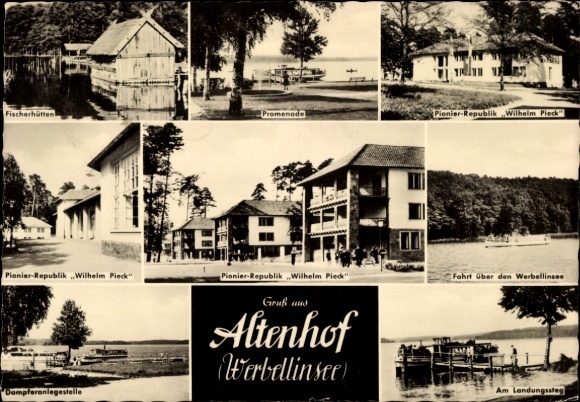 Postcard Altenhof Schorfheide on Lake Werbellin, fishing huts, promenade, Pioneer Republic Wilhelm Pieck