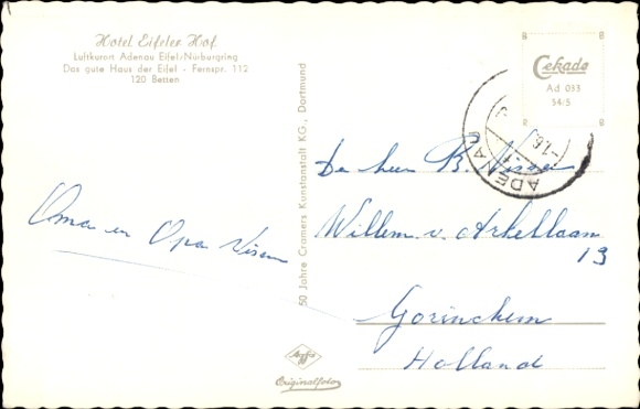 Postcard Adenau in the Eifel, restaurant with tables, chairs, windows, plants, decorative elements