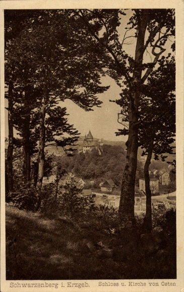 Postcard Schwarzenberg in the Ore Mountains Saxony, castle, church, trees, landscape, east