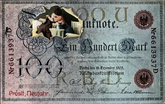 Geldschein Ak Glückwunsch Neujahr, Ein Hundert Reichsmark, Banknote