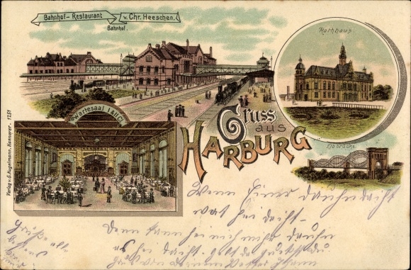 Chromo-Litho Hamburg Harburg, train station restaurant, waiting room, town hall, Elbe bridge