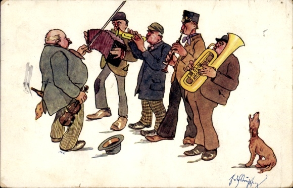 Artist Postcard Schönpflug, Fritz, band, violinist, tuba, trumpet, accordion, dog