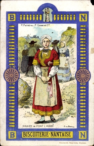 Passepartout artist Postcard Pont l'Abbe, woman in folk costume, advertising, Biscuiterie Nantaise