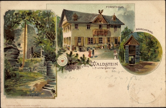 Chromo-Litho Zell im Fichtelgebirge, Großer Waldstein, Bärenfang, forester&#39;s lodge, castle ruins
