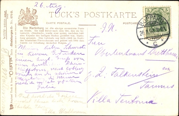 Artist PC Braubach am Rhein, The Marksburg with surroundings, Tuck 679 B