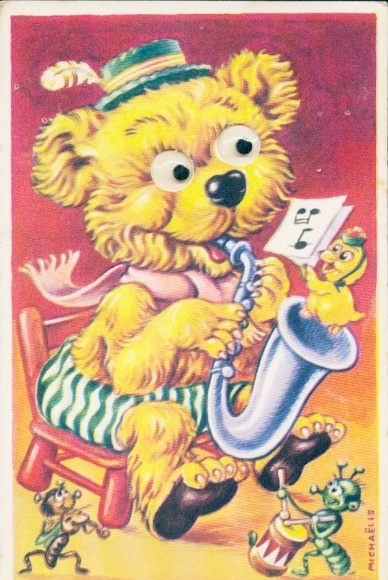Googly eyes artist Postcard Michaelis, musical bear, insects, musical instruments