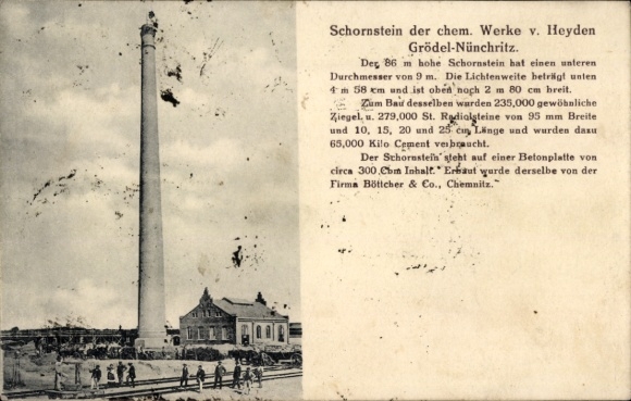 Postcard Grödel Nünchritz in Saxony, chimney of the chemical works of Heyden