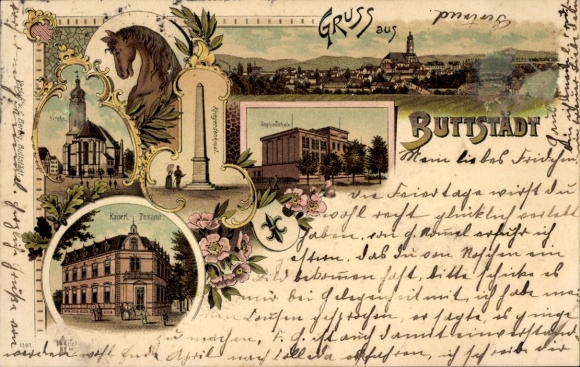 Chromo-Litho Buttstädt in Thuringia, church, post office, monument, panorama